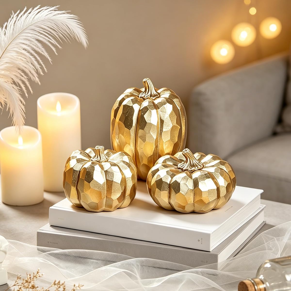 winemana 3 Pack Gold Pumpkins Fall Decorations for Home - 细节图 1