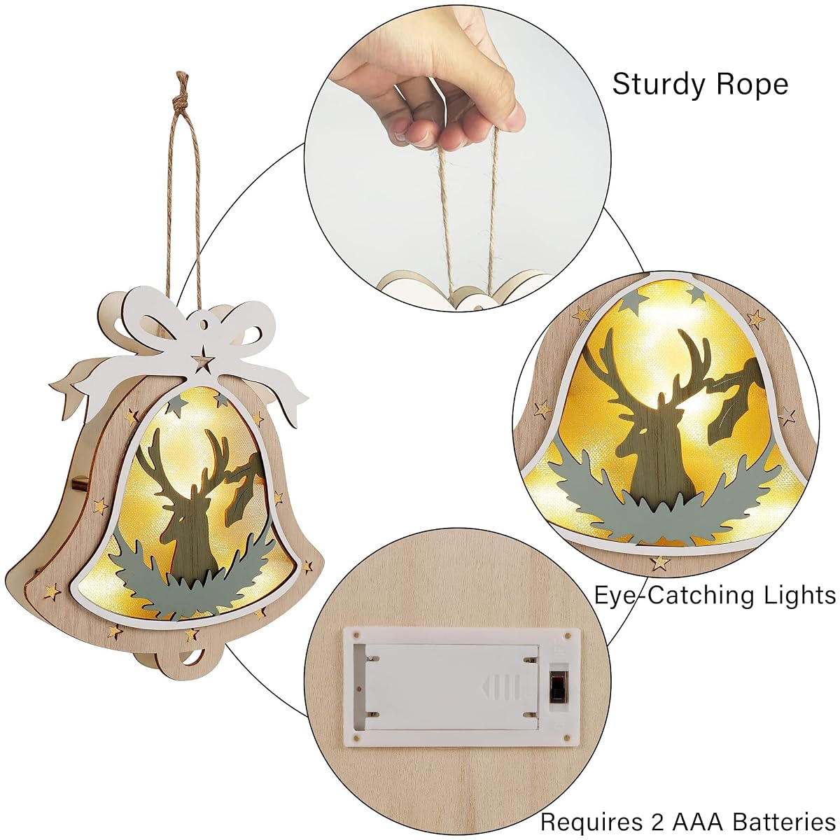 winemana 2 Pack Christmas Jingle Bell Ornaments, 8" x 7.5" Christmas Wall Decor Lighted Jingle Bells with Reindeer, Perfect Decoration for Christmas Tree Home Wall Door Xmas Party - imagem de detalhe 3