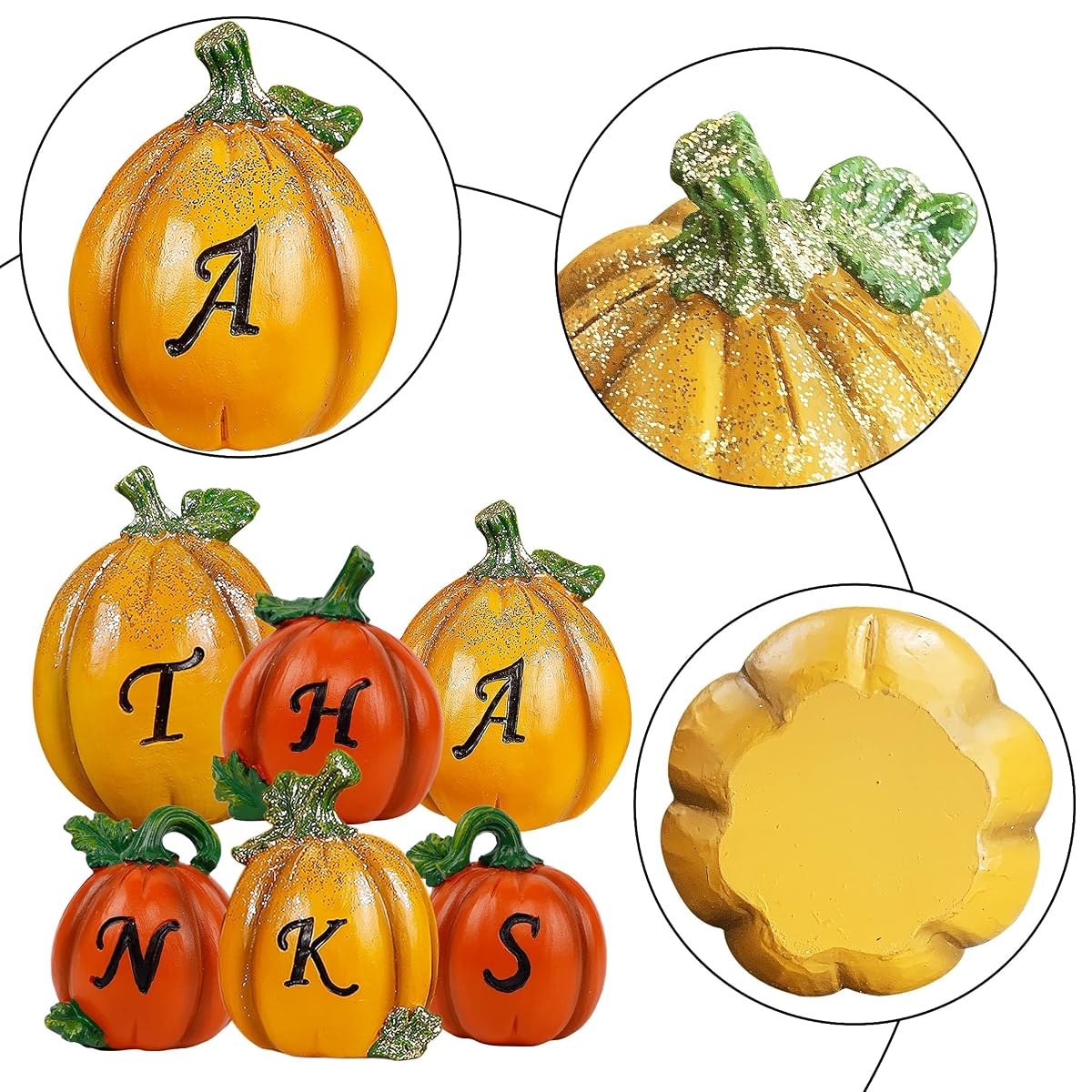 winemana Thanksgiving Pumpkins Set of 6, Fall Decor Resin Pumpkin, Thanks Tabletop Centerpieces Tiered Tray Decorations for Home Table Kitchen Office (Yellow) - 细节图 3