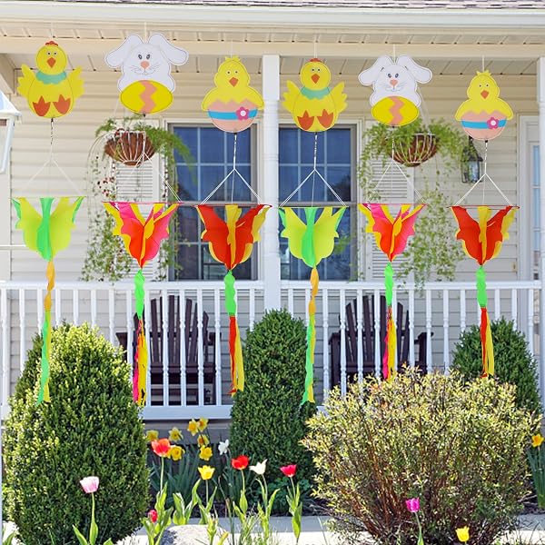 winemana 3.6 FT Spring Outdoor Decorations Wind Spinner, 6 Pcs Hanging Bunny Chick Wind Spiral, Windstock with Twister for Garden Yard Porch Lawn Spring Decor