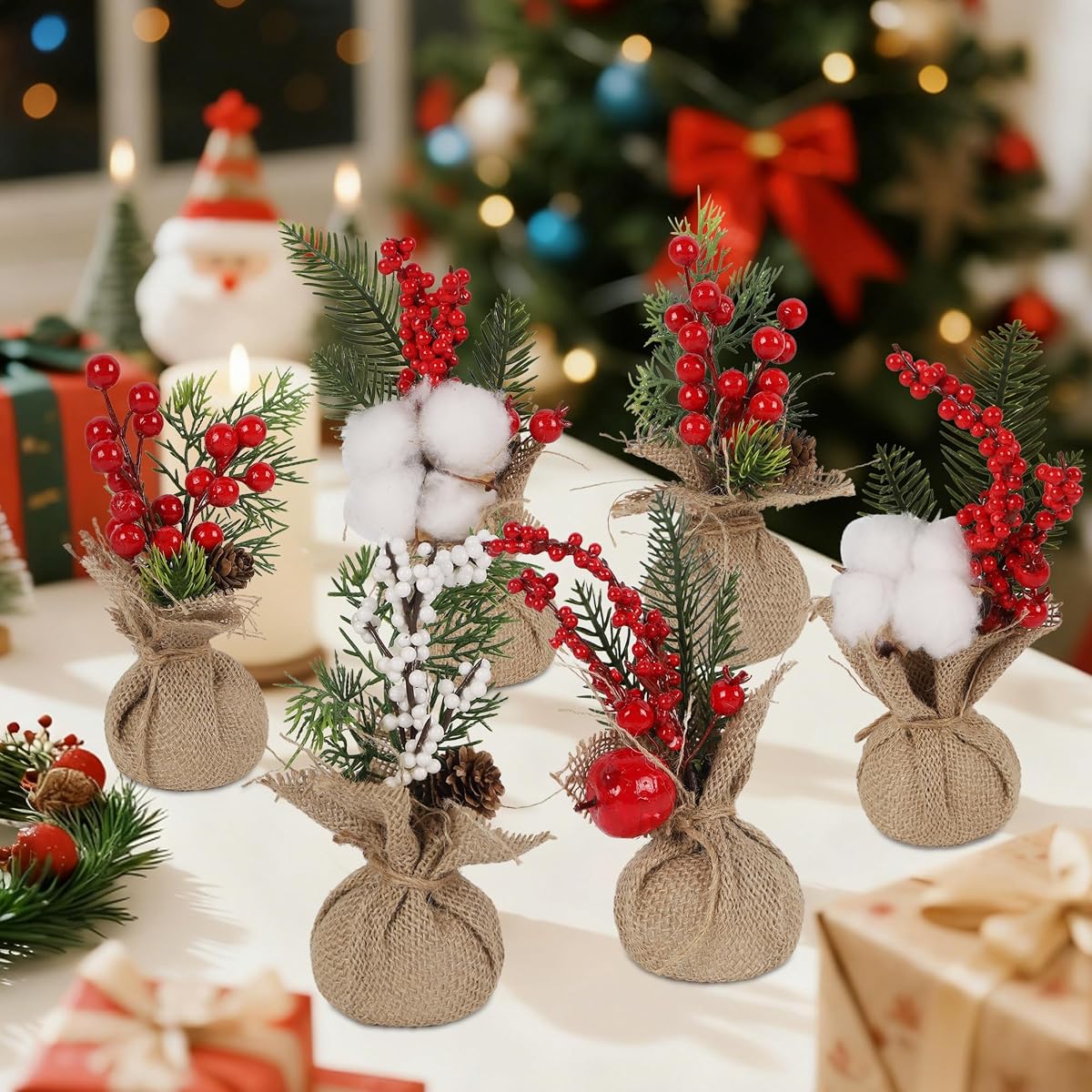 winemana 6 Pcs Mini Christmas Tree Table Decorations, 8" Small Artificial Trees with Red Berries Pine Cone Greenery Tabletop Centerpiece for Home Office Room Holiday Decorations - imagem de detalhe 4