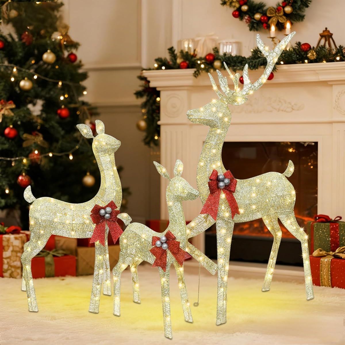 winemana 5ft Reindeer Christmas Outdoor Decorations, Set of 3 Extra Large Deer Yard Decor- Lighted 3D Reindeer Family Set for Outside Lawn Garden Xmas Holiday Party Decor (Gold) - detail image 3