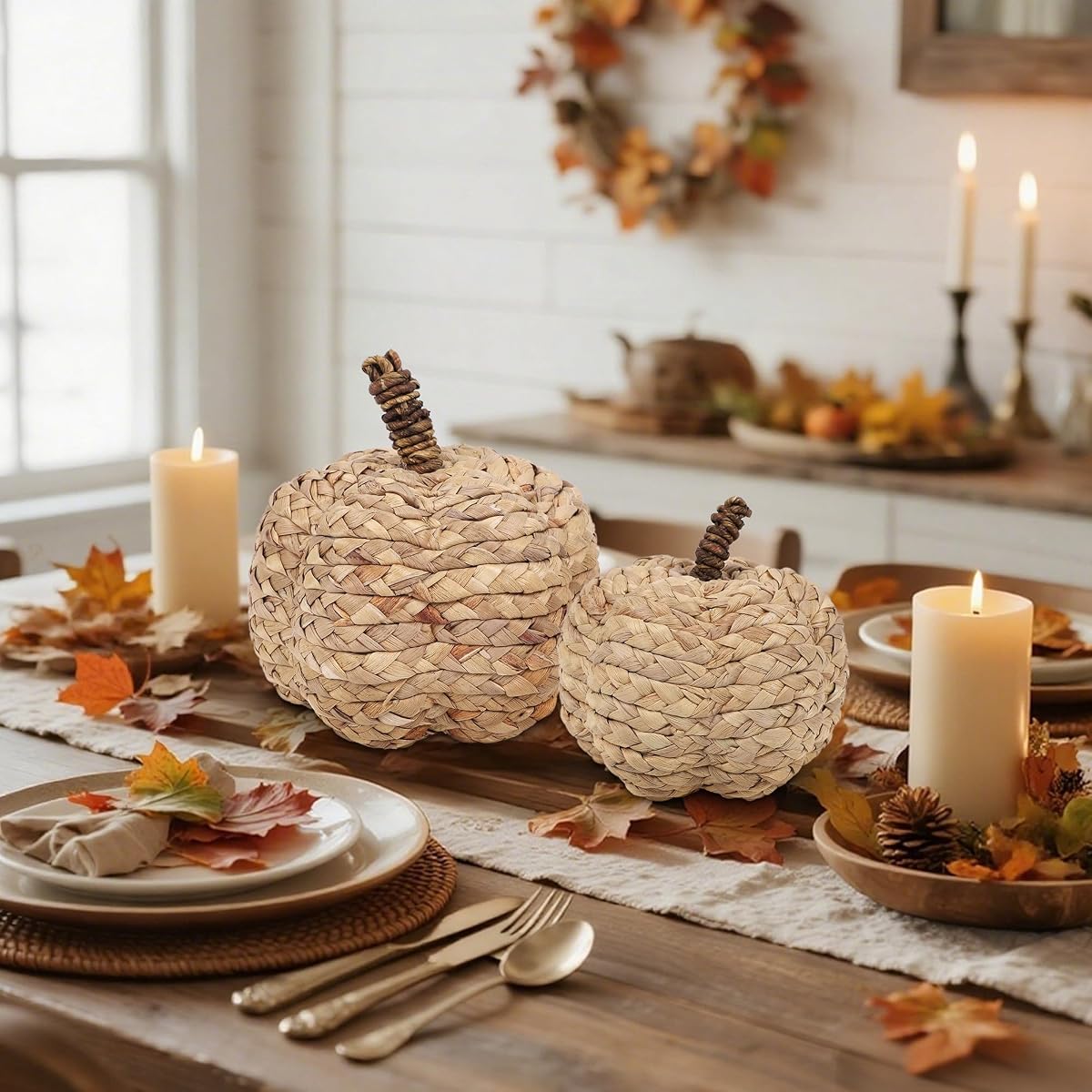 winemana 2 Pack Pumpkin Fall Decor, Woven Wicker Pumpkins for Home, Beige - imagen de detalle 1