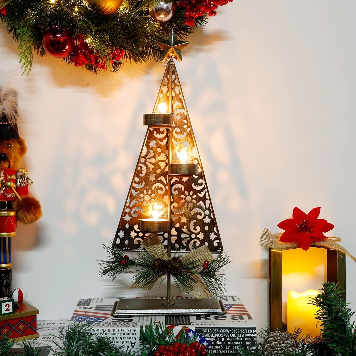 winemana Tea Light Candle Holders, Christmas Decoration Xmas Tree Metal Tealights Candleholder with Pinecones, Christmas Tabletop Centerpieces for Home Kitchen Fireplace Mantle Holiday Party Decor - imagem de detalhe 6