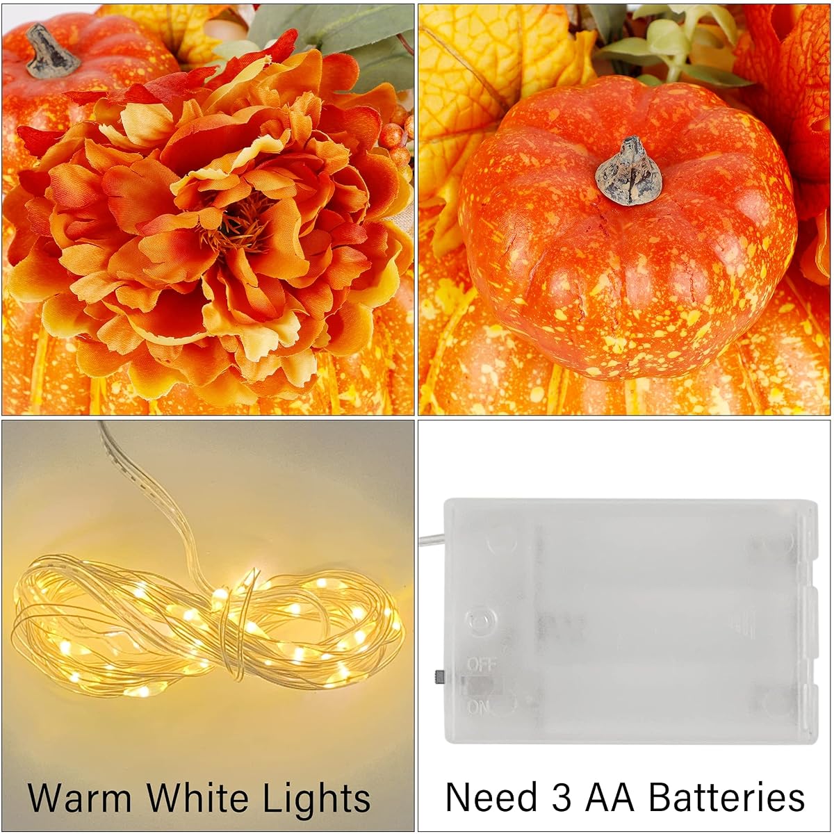 winemana Thanksgiving Pumpkin Decorations with 50 LED Lights and Artificial Flower Ribbon for Autumn Fall Harvest Décor Home Table Kitchen Indoor - imagen de detalle 3