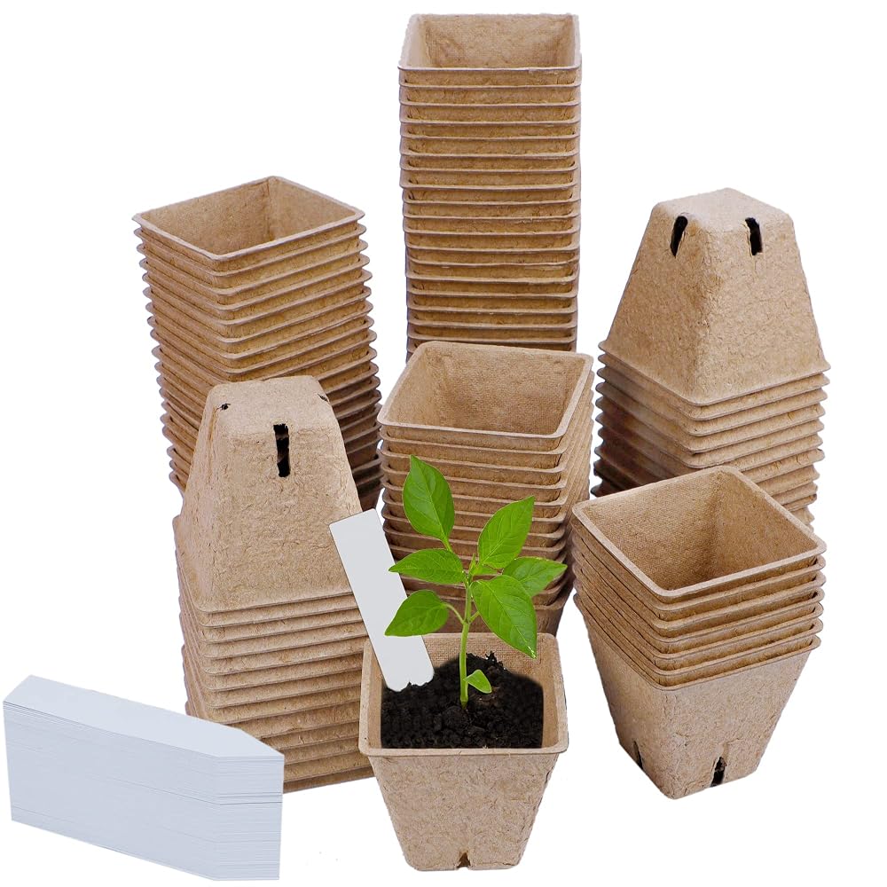 winemana 100 Pack 2.4" Seed Starter Tray Kit, Biodegradable Peat Pots for Seedling with 100 Plant Labels, Plant Garden Germination Tray for Flower Vegetables Succulents