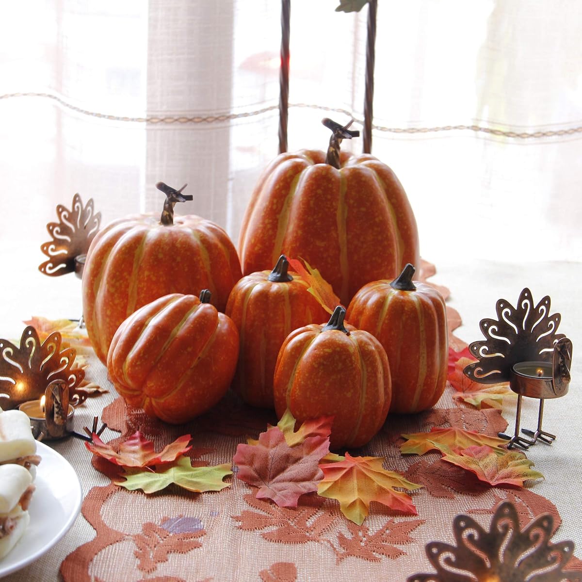 winemana Thanksgiving Decorations Artificial Pumpkins, Realistic Foam Yellow Pumpkin with 100 pcs Maple Leaves Made of Cloth, Fall Decorations for Home Kitchen Table Indoor Outdoor - 细节图 5