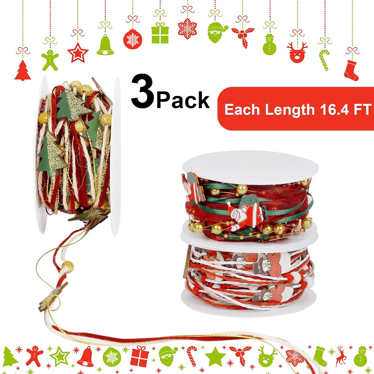 winemana 3 Pack 16.4 Ft Christmas Beads Ribbon, Christmas Tree Trim Rope with Santa Claus Snowman, Xmas Decorations for Garland, Wreath, Gift Wrapping, DIY Crafts Ornaments, Wedding Party Decor - imagen de detalle 2