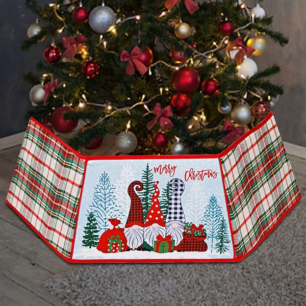 winemana Christmas Tree Collar, 31.5 Inch Buffalo Plaid Christmas Tree Skirt with Santa Claus Gnome Pattern, Merry Christmas Party Ornaments Holiday Home Decorations