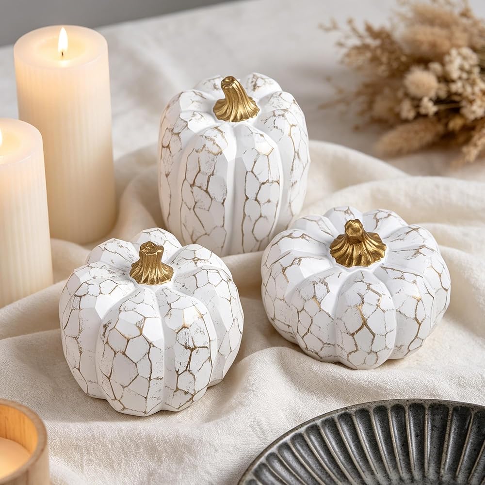 winemana Set of 3 White Pumpkins Fall Decorations for Home