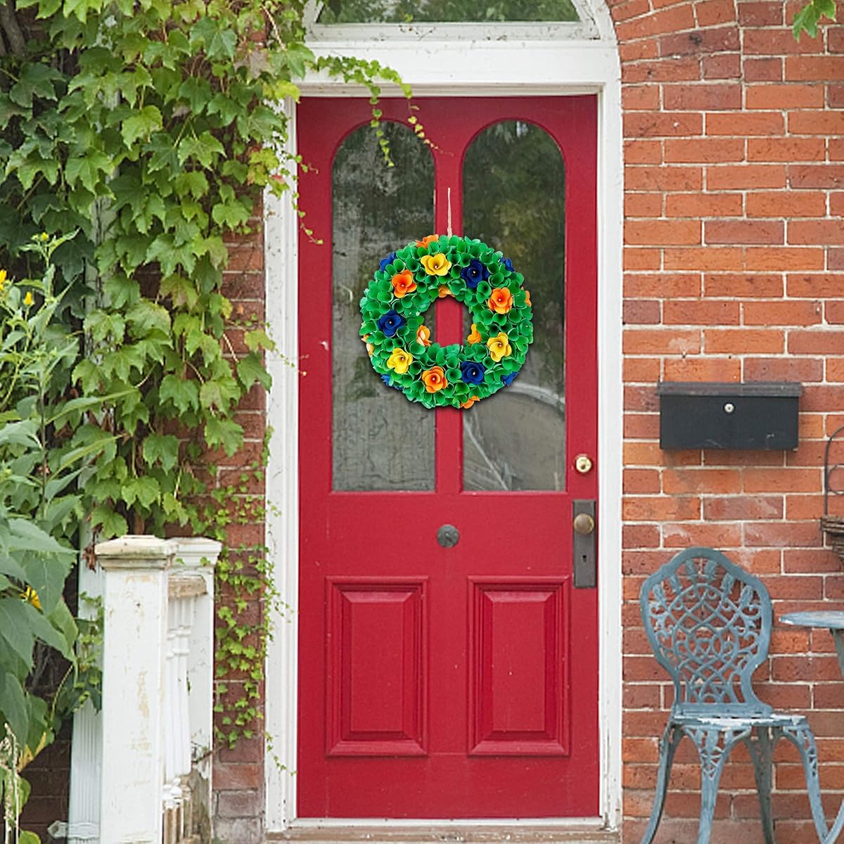 winemana Spring Wreath, Made of Piece of Wood, 13in Artificial Wreath with Leaves and Colorful Flower, for Front Door, Windows, Walls, Corridors - imagem de detalhe 6