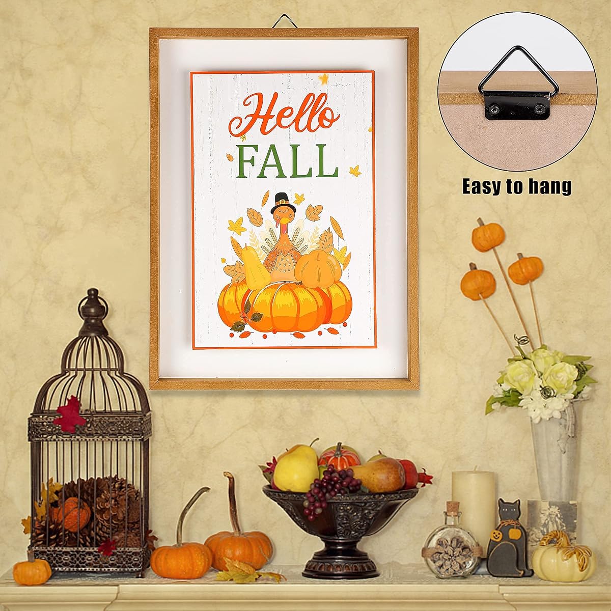 winemana Fall Wall Decor, Thanksgiving Decoration Hello Fall Sign, 15.4" x 11.4" Farmhouse Rustic Turkey Pumpkin Wooden Sign, Perfect for Porch Home Autumn Harvest Decor - imagem de detalhe 2
