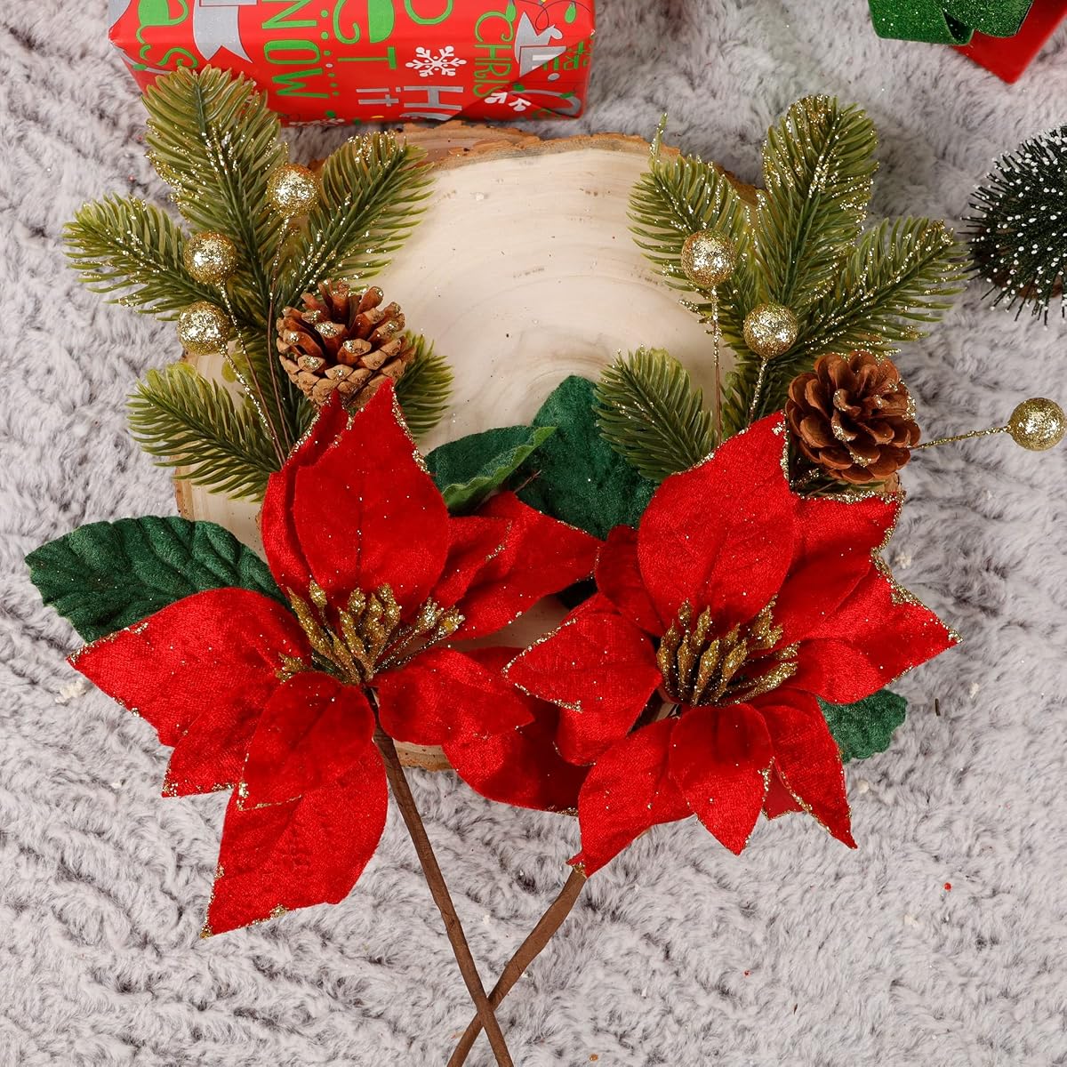 winemana 6 Pack 13.8'' Christmas Elegant Faux Evergreen Sprigs + Gold Globe & Red Flower Ornaments + Pine Cone + Green Poinsettia Leaf + Flowers in Clever Pine Cone Shape - 细节图 2
