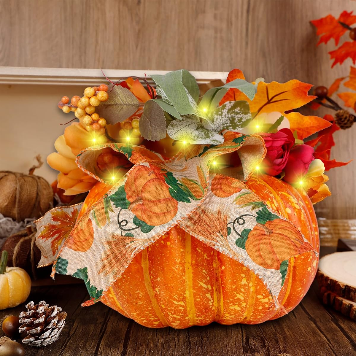 winemana Thanksgiving Pumpkin Decorations with 50 LED Lights and Artificial Flower Ribbon for Autumn Fall Harvest Décor Home Table Kitchen Indoor - imagen de detalle 4