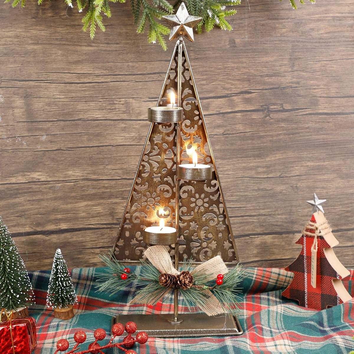 winemana Tea Light Candle Holders, Christmas Decoration Xmas Tree Metal Tealights Candleholder with Pinecones, Christmas Tabletop Centerpieces for Home Kitchen Fireplace Mantle Holiday Party Decor - imagem de detalhe 4