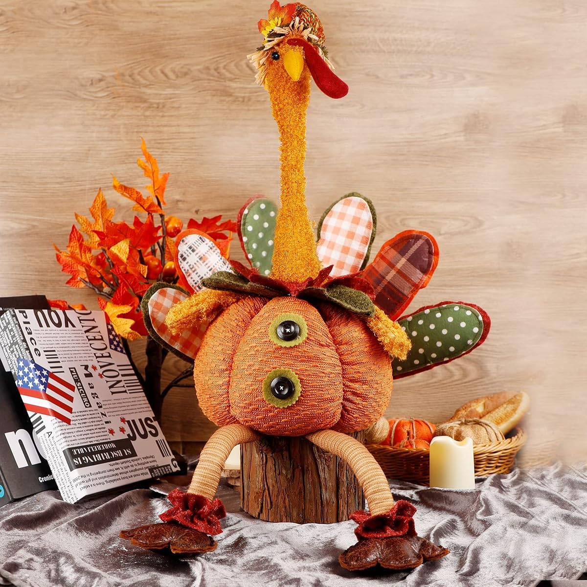 winemana Thanksgiving Tabletop Decorations 31.5" x 18.5" Turkey with Stretchable Head and Dangling Legs, Harvest Plush Turkey for Home Fall Decor (Hen) - imagen de detalle 4