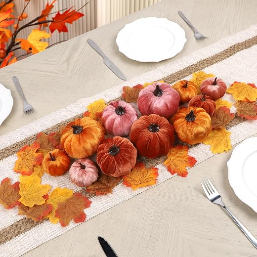 winemana 12 Pack Velvet Pumpkins Fall Decor, Fabric Foam Pumpkin for Decorating, Thanksgiving Table Decorations Fake Pumpkins for Mantel, Wedding Dining Table Centerpieces (Rust Orange)