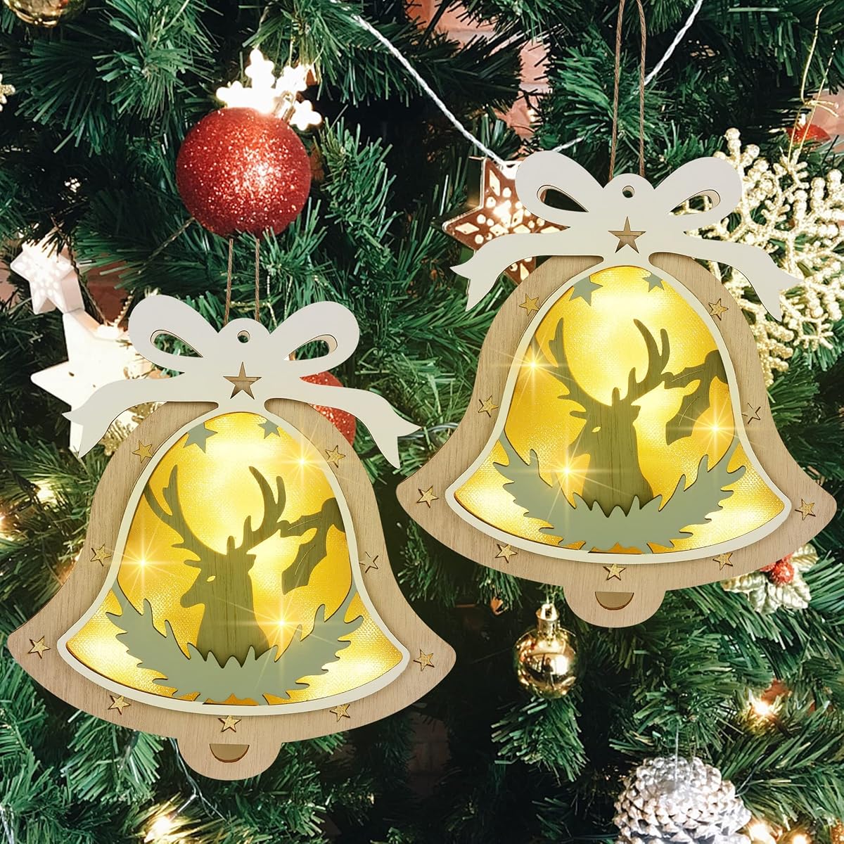 winemana 2 Pack Christmas Jingle Bell Ornaments, 8" x 7.5" Christmas Wall Decor Lighted Jingle Bells with Reindeer, Perfect Decoration for Christmas Tree Home Wall Door Xmas Party - imagem de detalhe 5