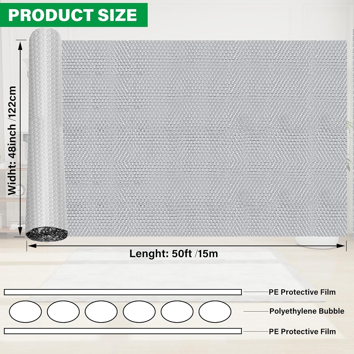 winemana Window Insulation Roll 48IN x 50FT Reflective Heat Shield Bubble Film Double-Sided Aluminum Foil Insulation Weatherproof Garage Door Cover for Windows RV Basement Winter Summer - imagem de detalhe 1