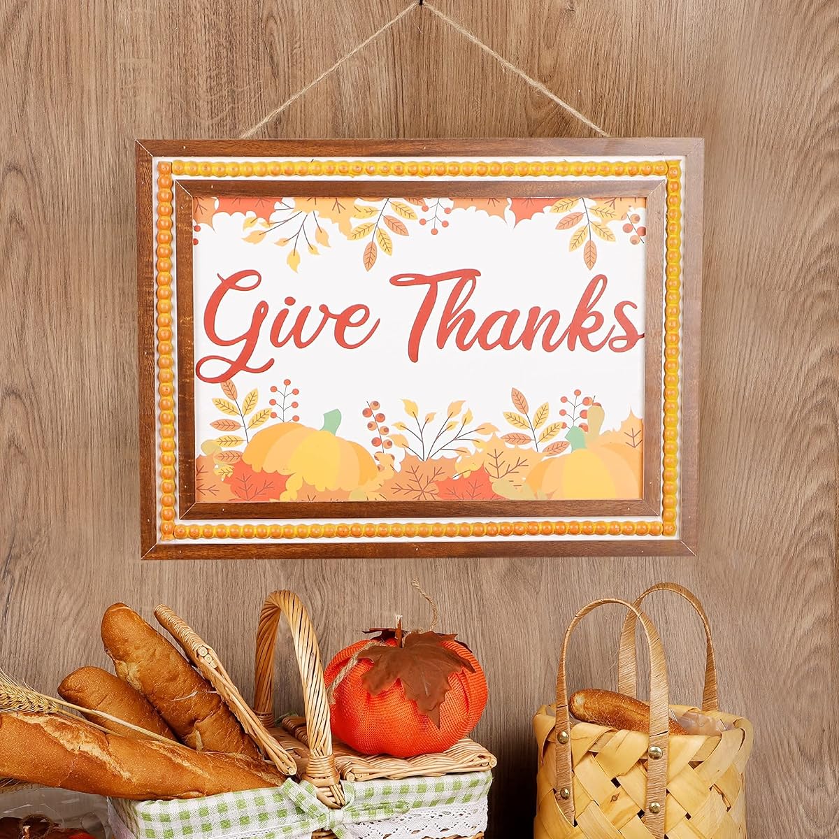 winemana Fall Wall Decor, Thanksgiving Decoration Wooden Sign, 15.4" x 11.4" Hanging Farmhouse Pumpkin Give Thanks Sign, Autumn Harvest Day Decor for Porch Door Home (Orange) - imagem de detalhe 5