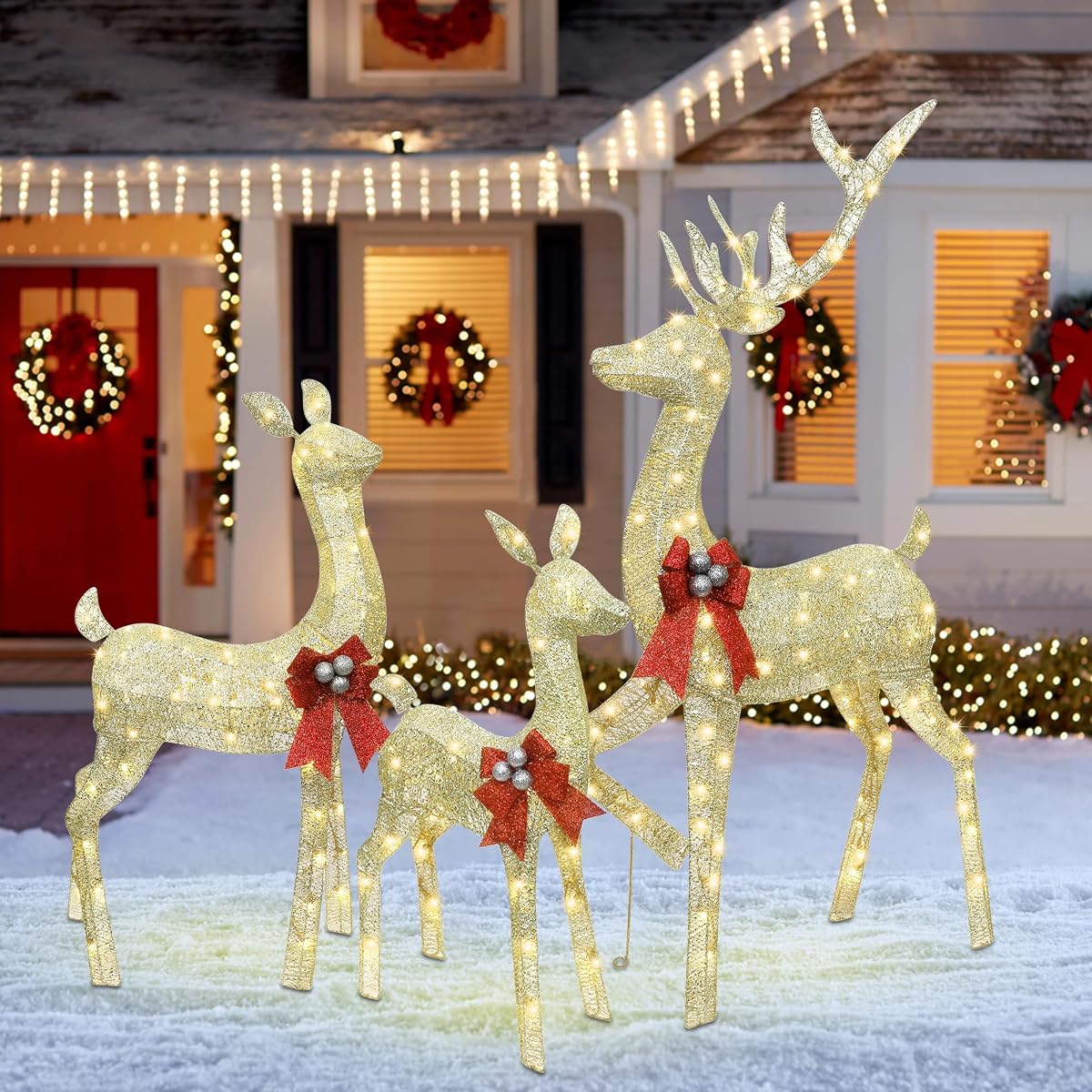 winemana 5ft Reindeer Christmas Outdoor Decorations, Set of 3 Extra Large Deer Yard Decor- Lighted 3D Reindeer Family Set for Outside Lawn Garden Xmas Holiday Party Decor (Gold) - detail image 2