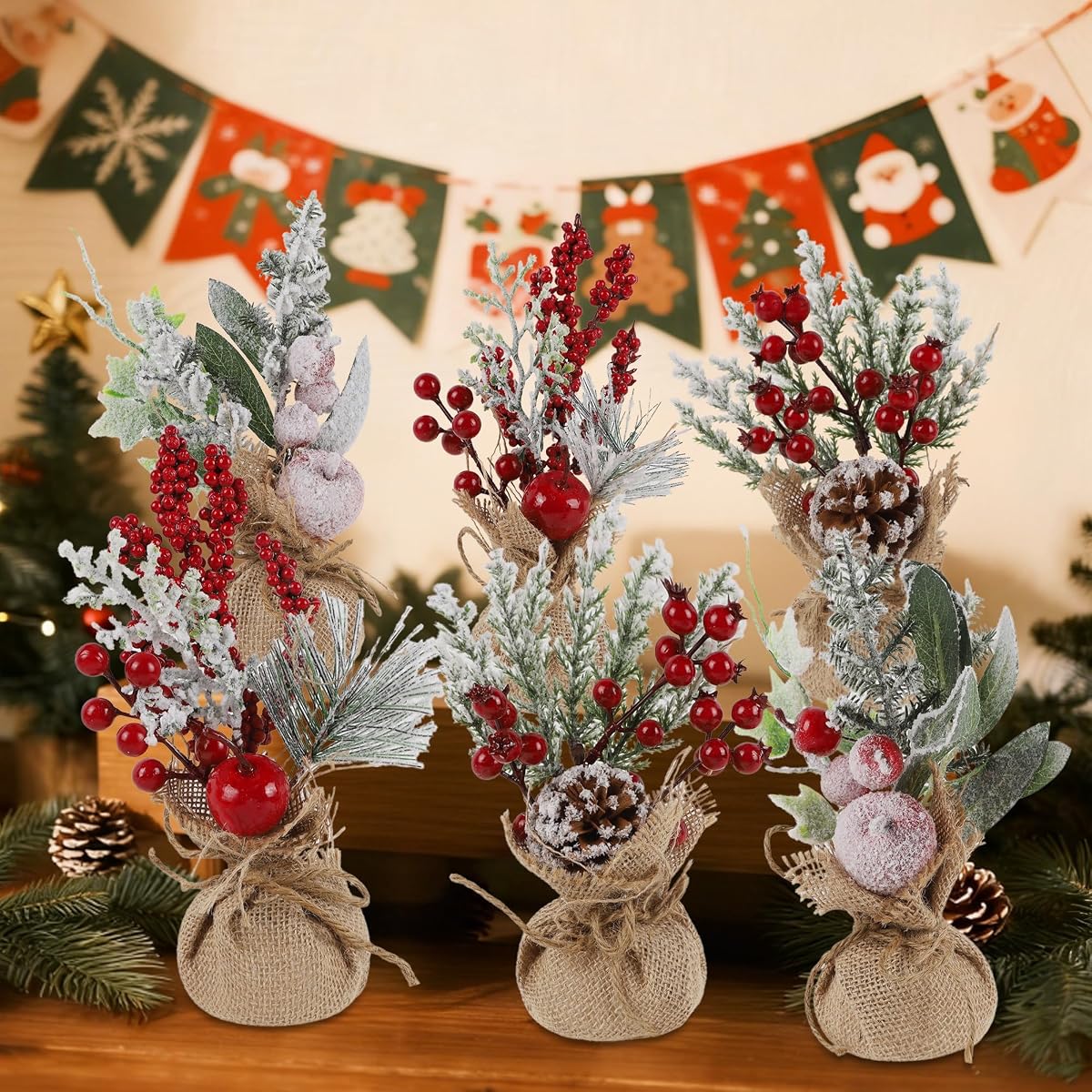 winemana 6 Pcs Mini Christmas Tree Table Decorations, 9" Small Artificial Trees with Red Berries Pine Cone Tabletop Centerpiece for Home Office Room Holiday Decorations - imagen de detalle 4