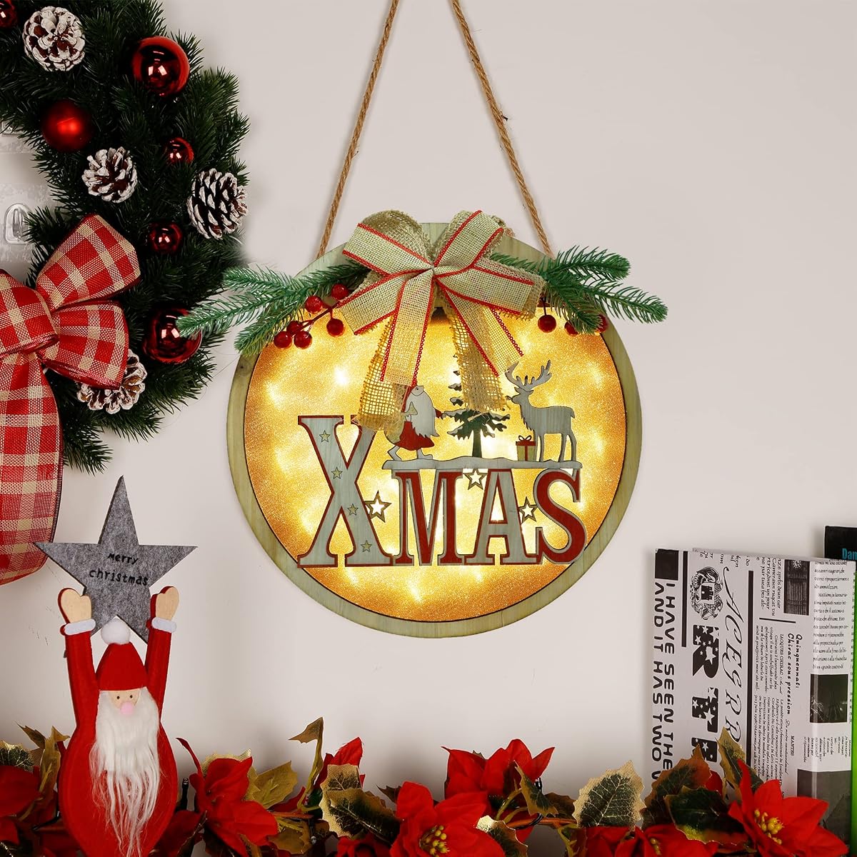 winemana Merry Christmas Hanging Sign, 12" x 12" Lighted Wooden Sign Wreath Xmas Decor, Christmas Decorations Rustic Sign for Front Door Wall Fireplace Indoor Outdoor - imagen de detalle 4