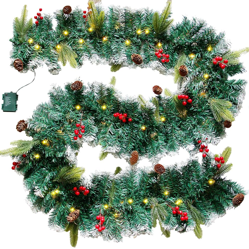 DR.DUDU 60 LED Christmas Garland,9 Foot Artificial Christmas Garland with Lights, Ind Covered by Snowflake for Christmas Party Decoration Outdoor Garden Gate Home Winter Holiday New Year