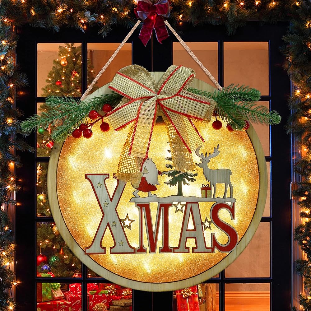 winemana Merry Christmas Hanging Sign, 12" x 12" Lighted Wooden Sign Wreath Xmas Decor, Christmas Decorations Rustic Sign for Front Door Wall Fireplace Indoor Outdoor