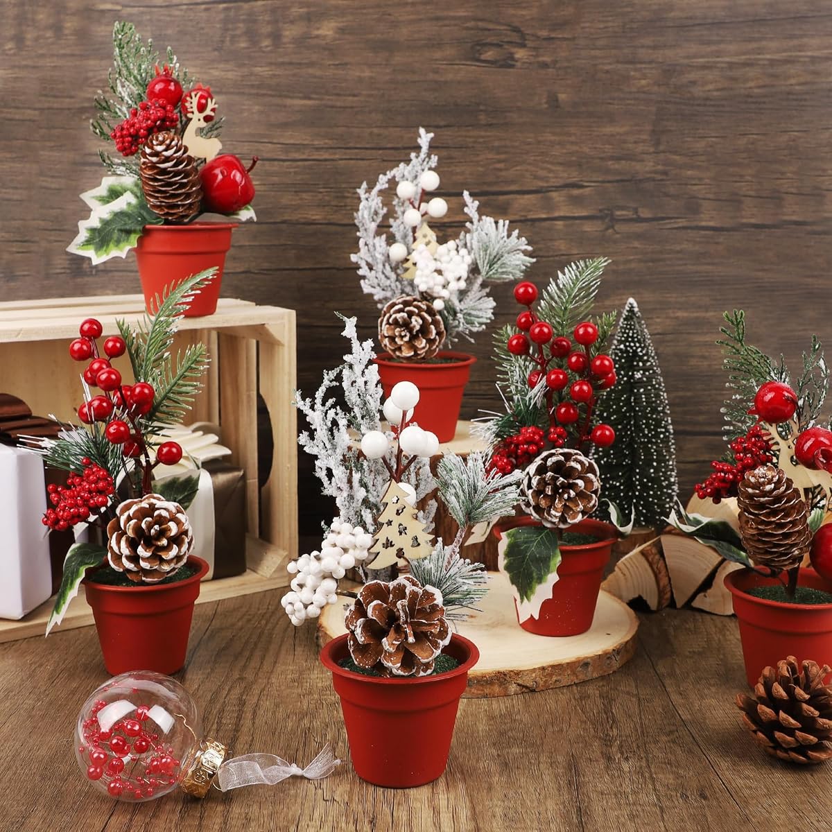 winemana Mini Christmas Tree Table Decorations, 6 Pcs Small Artificial Tree with Pine Cones & Red Berry, Holiday Tabletop Centerpiece for Home Kitchen Room Mantel Winter Party Decor - imagen de detalle 1