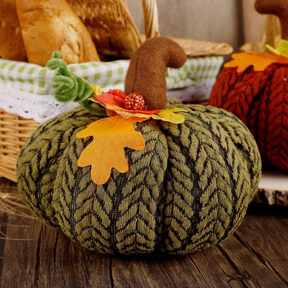 winemana Thanksgiving Decorations 2 Pack Artificial Pumpkins, Knit Wool Pumpkin Large Tabletop Centerpieces for Autumn Fall Home Kitchen Office - imagen de detalle 4