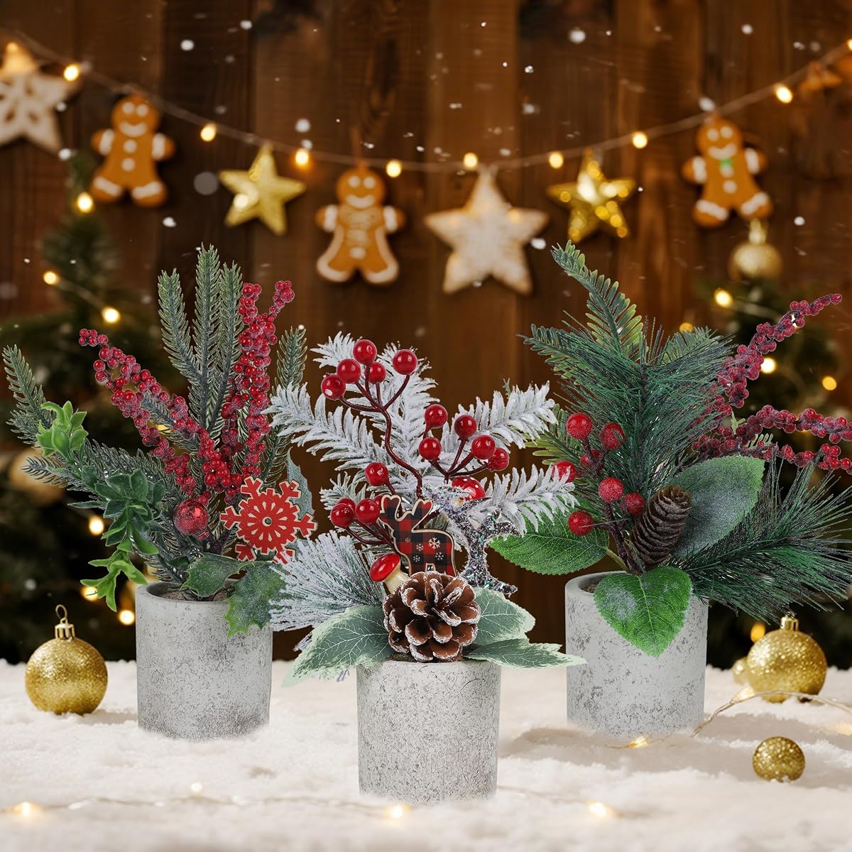winemana 3 Pack Mini Christmas Trees for Table Centerpieces, 11 Inch Small Artificial Xmas Tree with Red Berries & Pine Cones for Home, Office Desk, Tabletop, Indoor Holiday Decorations - detail image 3