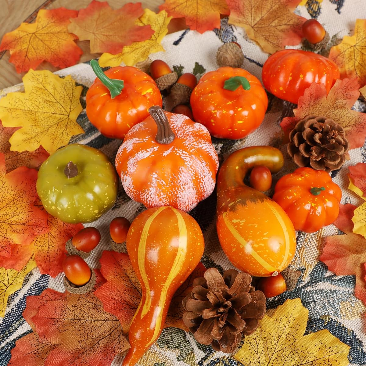 winemana Fall Decorations for Home Mini Pumpkins Gourds & Leaves Set - detail image 3