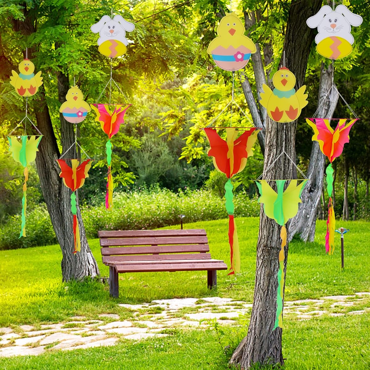 winemana 3.6 FT Spring Outdoor Decorations Wind Spinner, 6 Pcs Hanging Bunny Chick Wind Spiral, Windstock with Twister for Garden Yard Porch Lawn Spring Decor - imagen de detalle 4