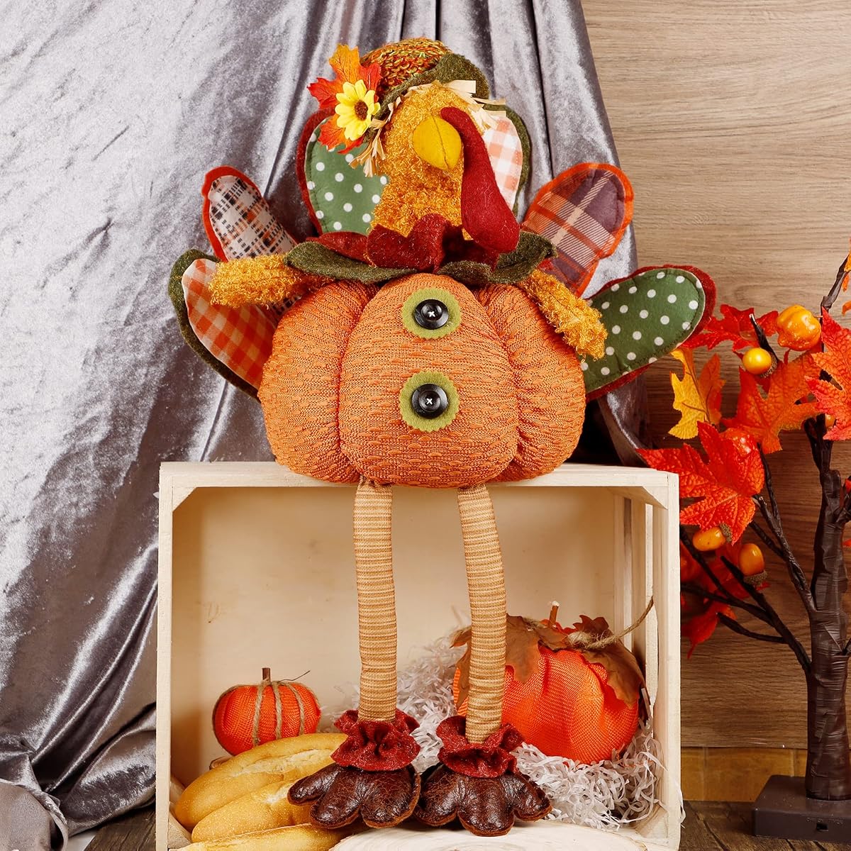 winemana Thanksgiving Tabletop Decorations 31.5" x 18.5" Turkey with Stretchable Head and Dangling Legs, Harvest Plush Turkey for Home Fall Decor (Hen) - imagen de detalle 5