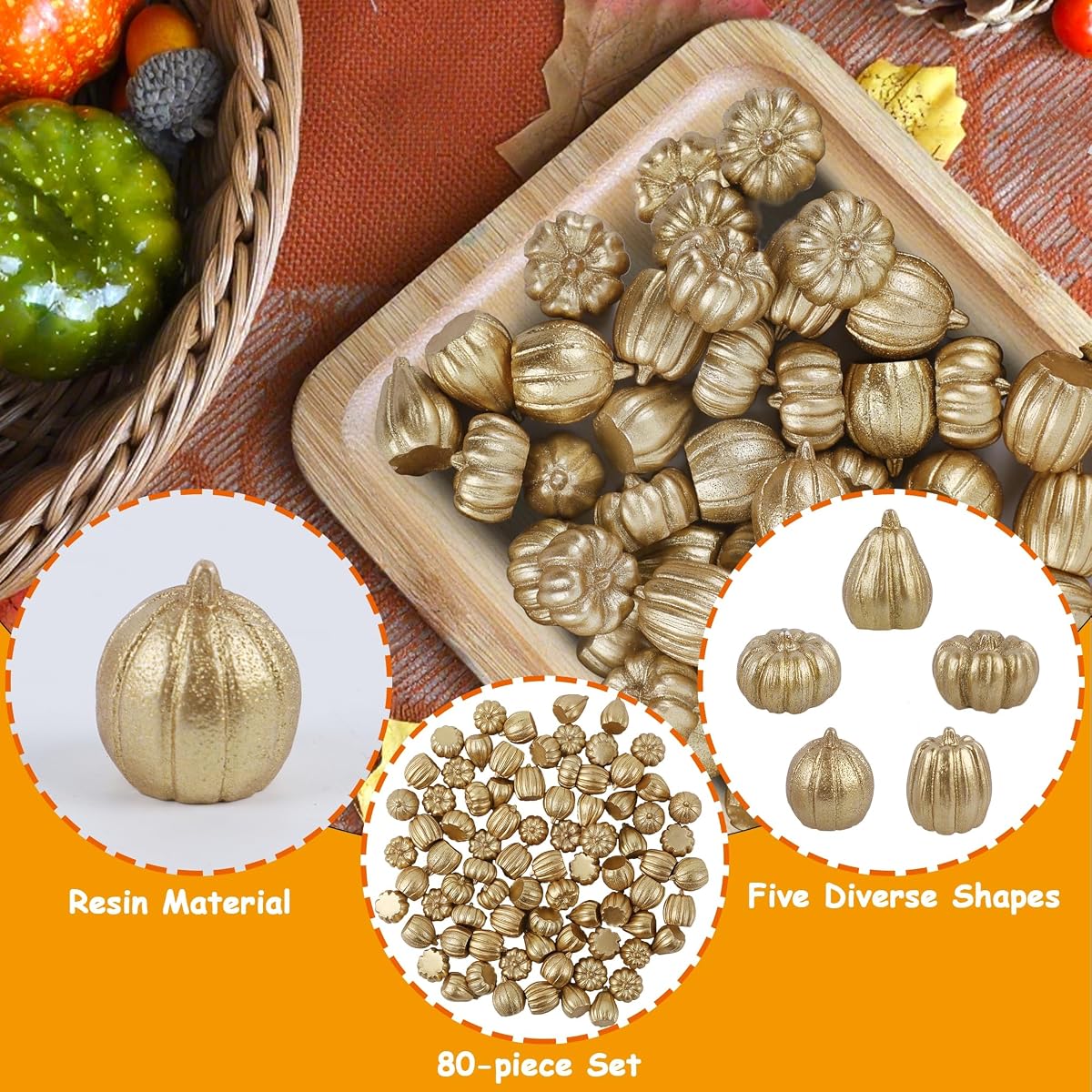 winemana 80Pcs Mini Pumpkins for Crafts, Fall Decorations for Home, Gold - imagem de detalhe 4