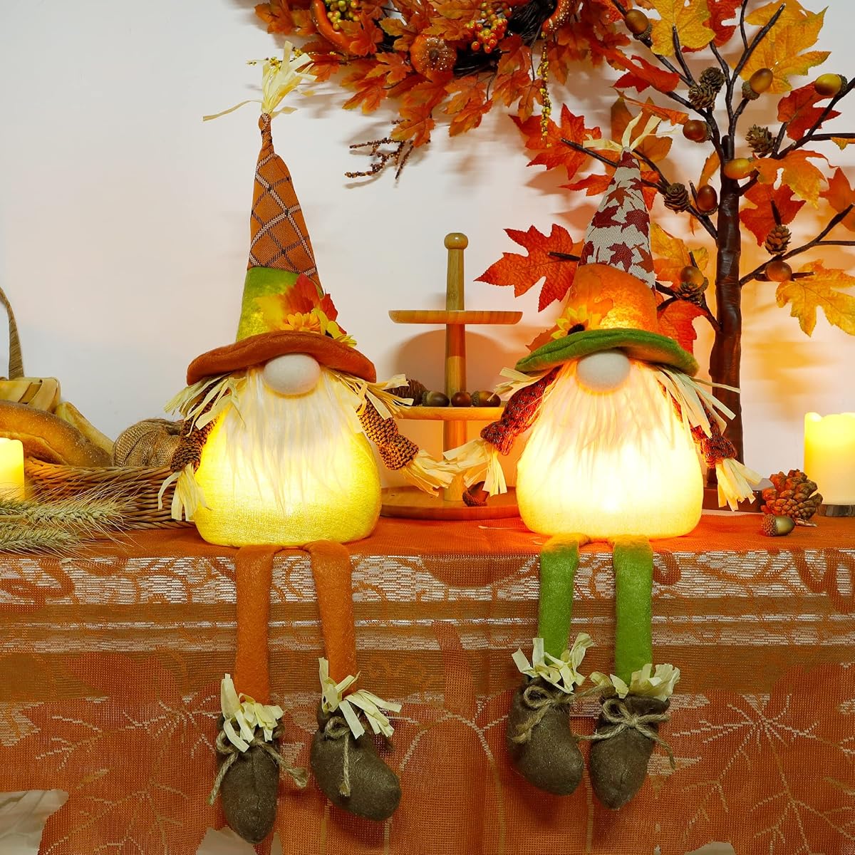 winemana Thanksgiving Tabletop Decorations Set of 2 Gnomes with Lights, Fall Swedish Tomte Dwarf Figurine for Home Kitchen Fireplace (25.6" x 8") - imagem de detalhe 5