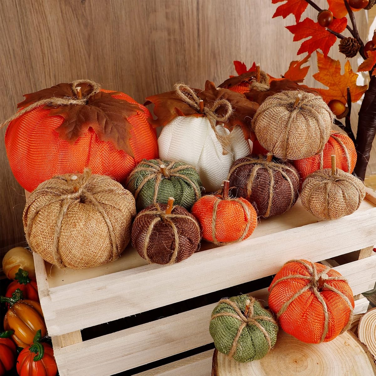 winemana Thanksgiving Decorations Artificial Pumpkins, Set of 12 Mixed Sizes Burlap Pumpkin with Leaves, Harvest Holiday Party Indoor Home Kitchen Props - 细节图 4
