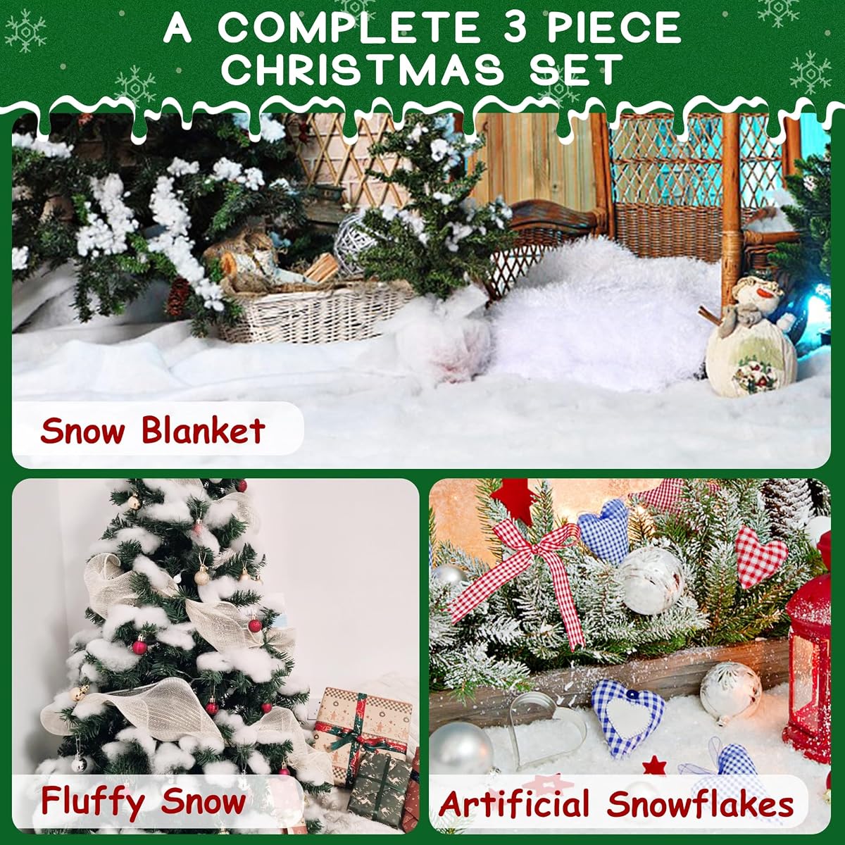 winemana Christmas Fake Snow 3-Piece Set Decorations, Snow Blanket Roll, Artificial Snowflakes, Fluffy Snow for Christmas Village Houses Display Winter White Wonderland Kitchen Table Top Decor - imagem de detalhe 3
