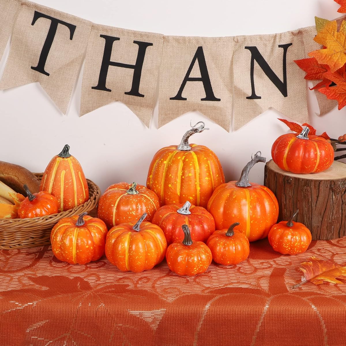 winemana 12 Pcs Orange Pumpkins Halloween Decor Indoor Artificial Pumpkins Fall Decor, Thanksgiving Decorations Harvest Autumn Decor, Fall Decorations for Home Kitchen Table Mantle Wedding Party - 细节图 4