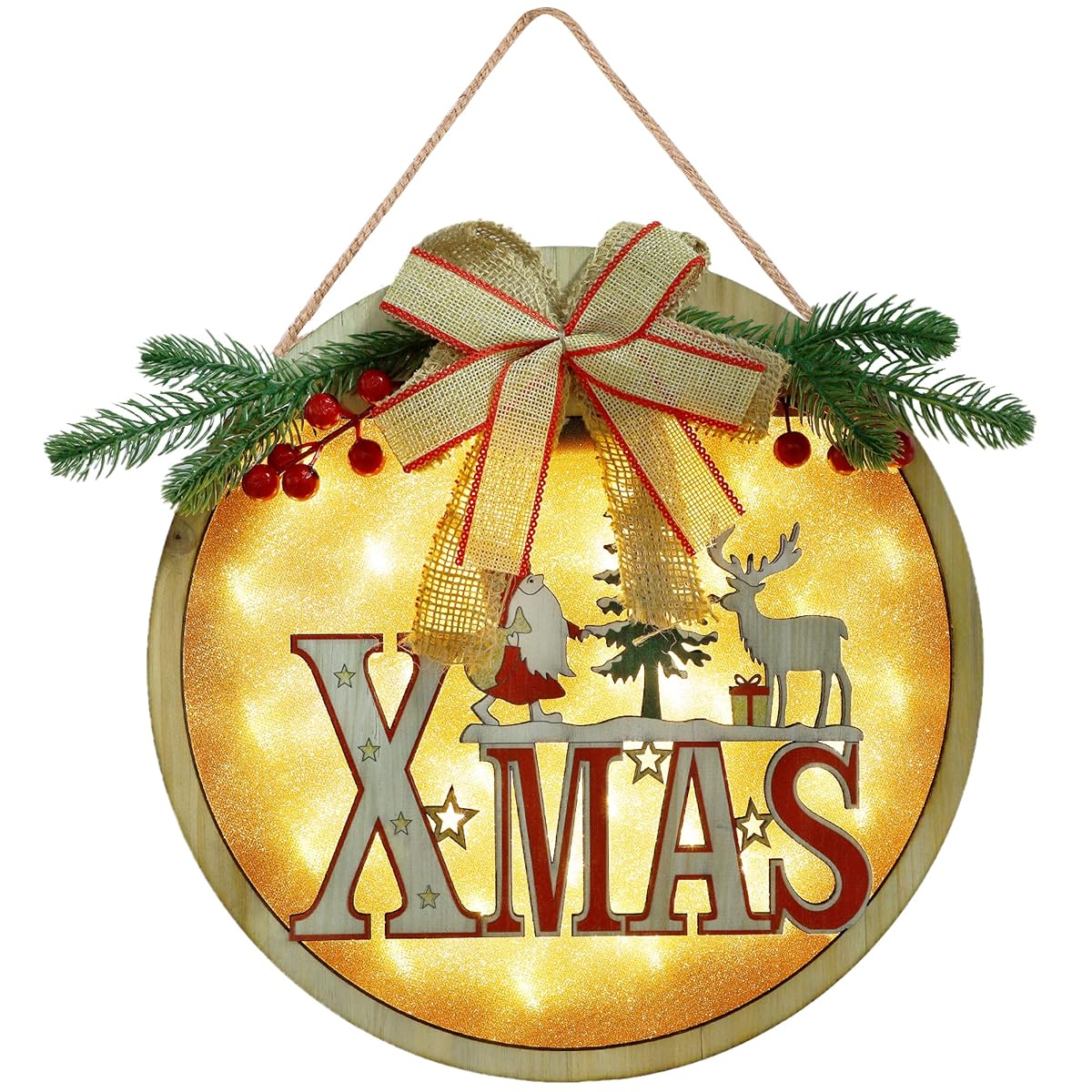 winemana Merry Christmas Hanging Sign, 12" x 12" Lighted Wooden Sign Wreath Xmas Decor, Christmas Decorations Rustic Sign for Front Door Wall Fireplace Indoor Outdoor - imagen de detalle 1