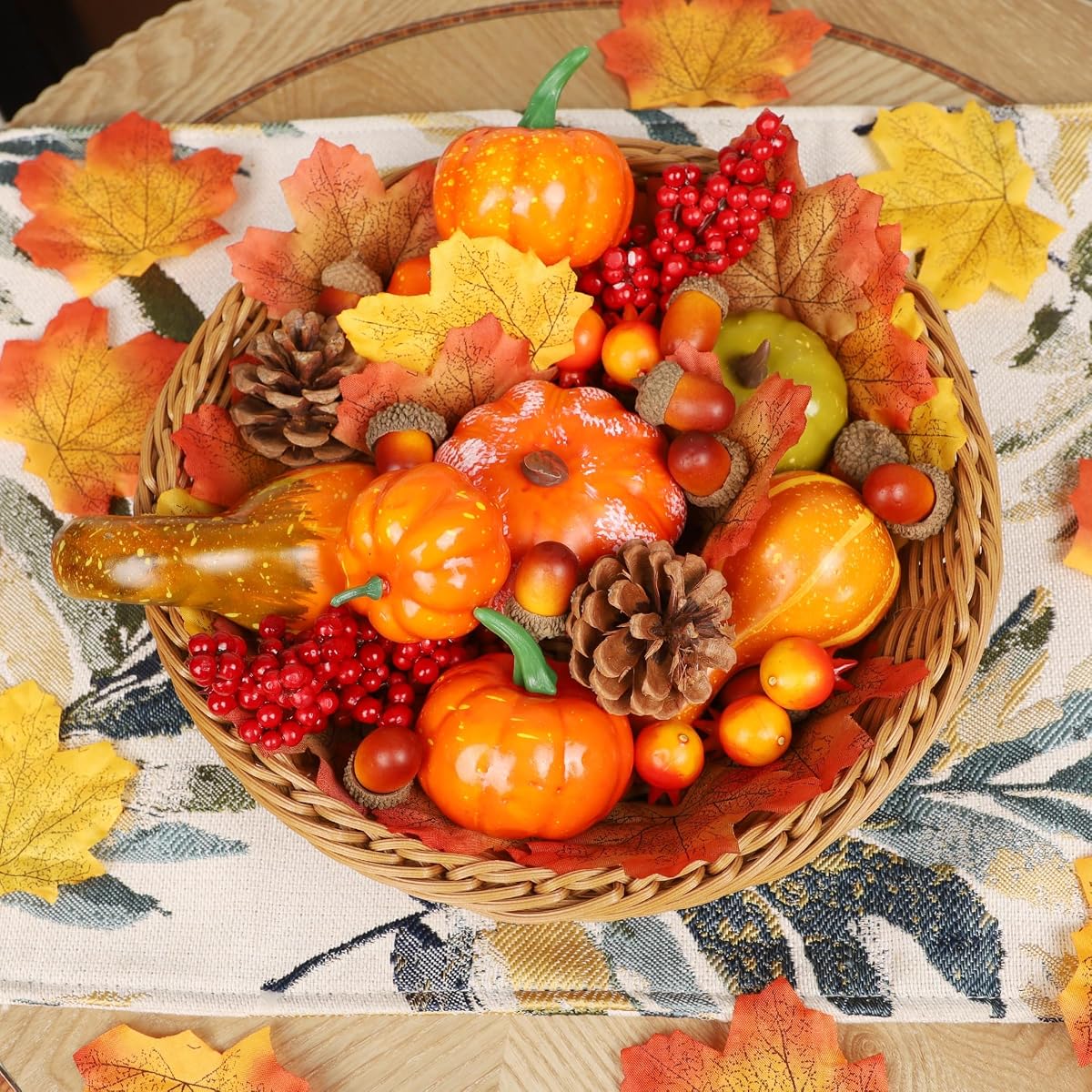 winemana 57pcs Fall Decorations for Home - Small Pumpkins for Decorating with Fake Leaves, Gourds & Pinecones -Thanksgiving Decor for Table Centerpiece Indoor Room Autumn Harvest Decor - detail image 1