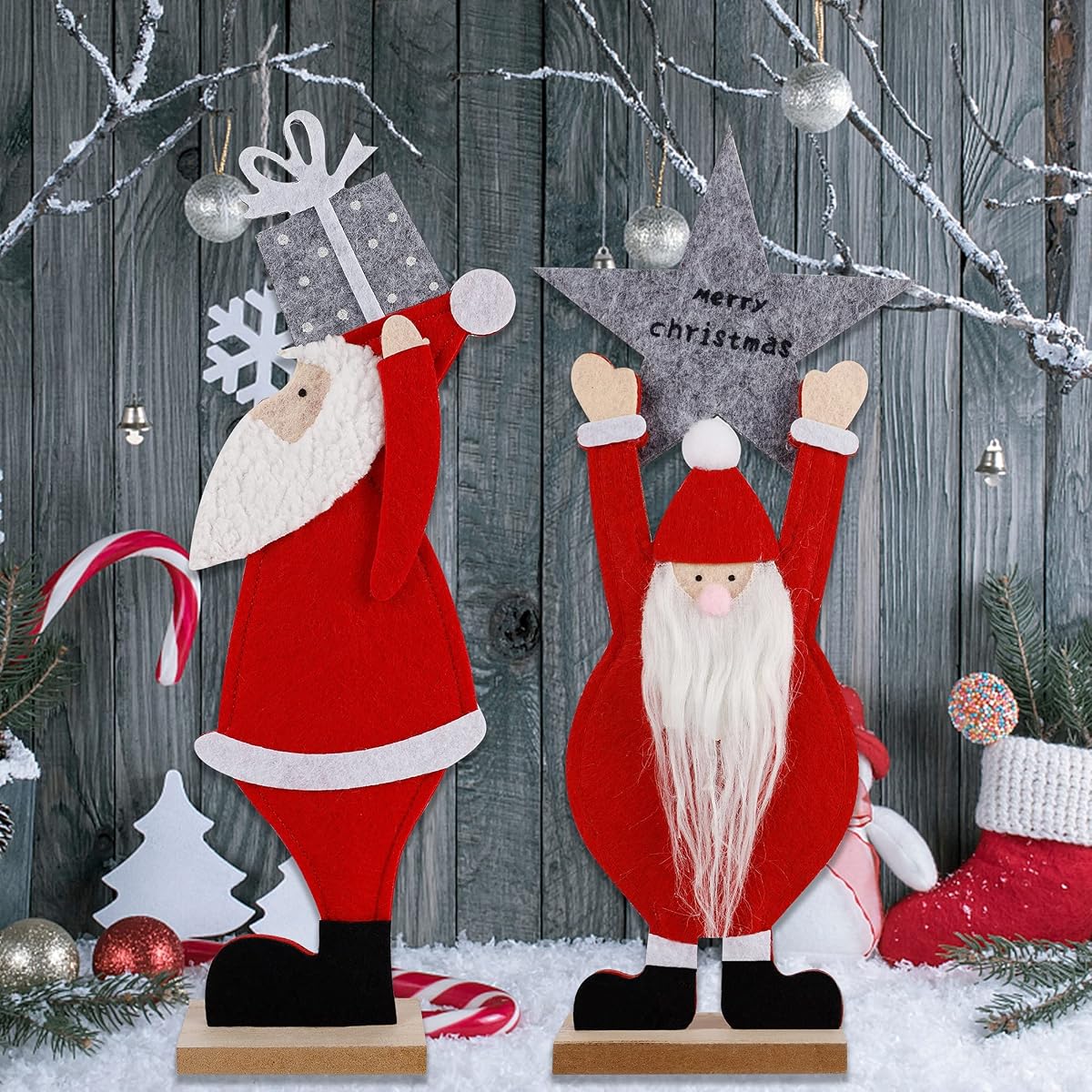 winemana Set of 2 Christmas Table Decorations Santa, 12" x 5" Santa Claus Ornaments with Gift Box and Merry Christmas Sign, Perfect for Indoor Home Kitchen Fireplace Office Holiday Party Xmas Gift - imagen de detalle 6