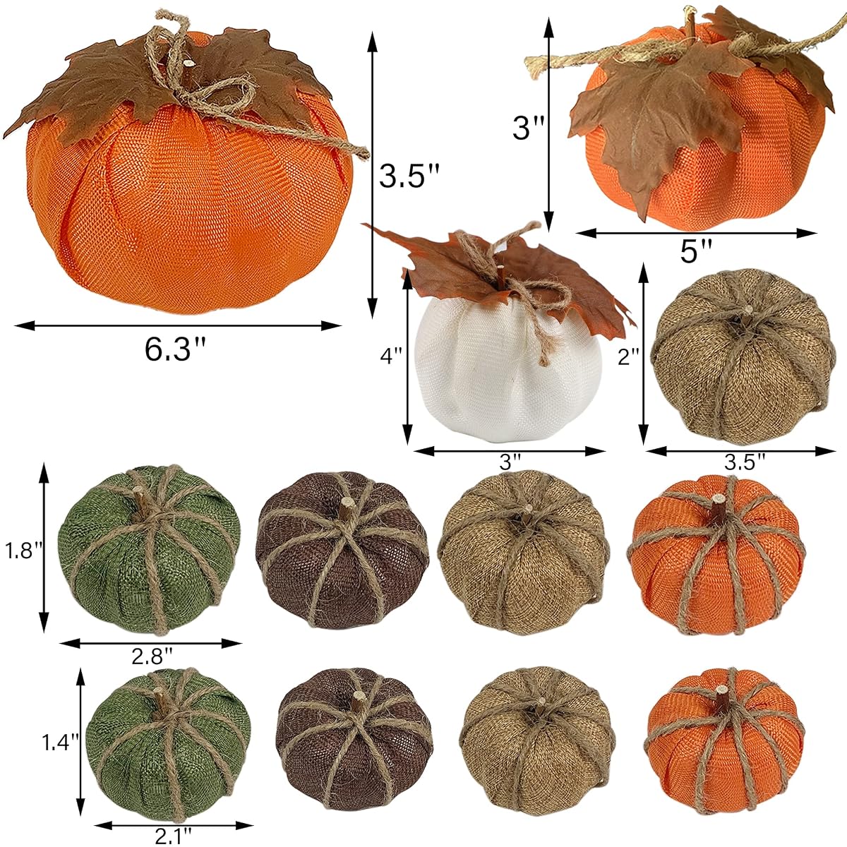 winemana Thanksgiving Decorations Artificial Pumpkins, Set of 12 Mixed Sizes Burlap Pumpkin with Leaves, Harvest Holiday Party Indoor Home Kitchen Props - 细节图 1