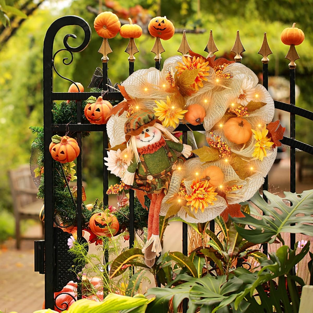 winemana 18 Inch Thanksgiving Wreath with Scarecrow Pumpkin Artificial Flowers Maple Leaves Berry, Front Door LED Lights Ribbon Wreath Fall Autumn Decorations for Indoor Outdoor - 细节图 5