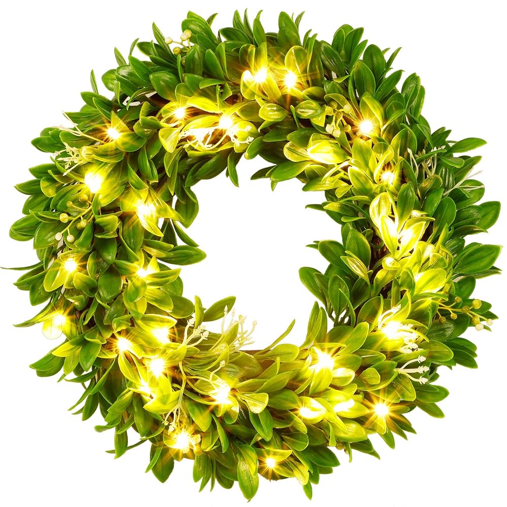 winemana 15" Spring Door Wreath, 30 LED Artificial Wreath for Front Door, Eucalyptus Wreaths Spring Decorations for Home Window Outdoor Decor (15")