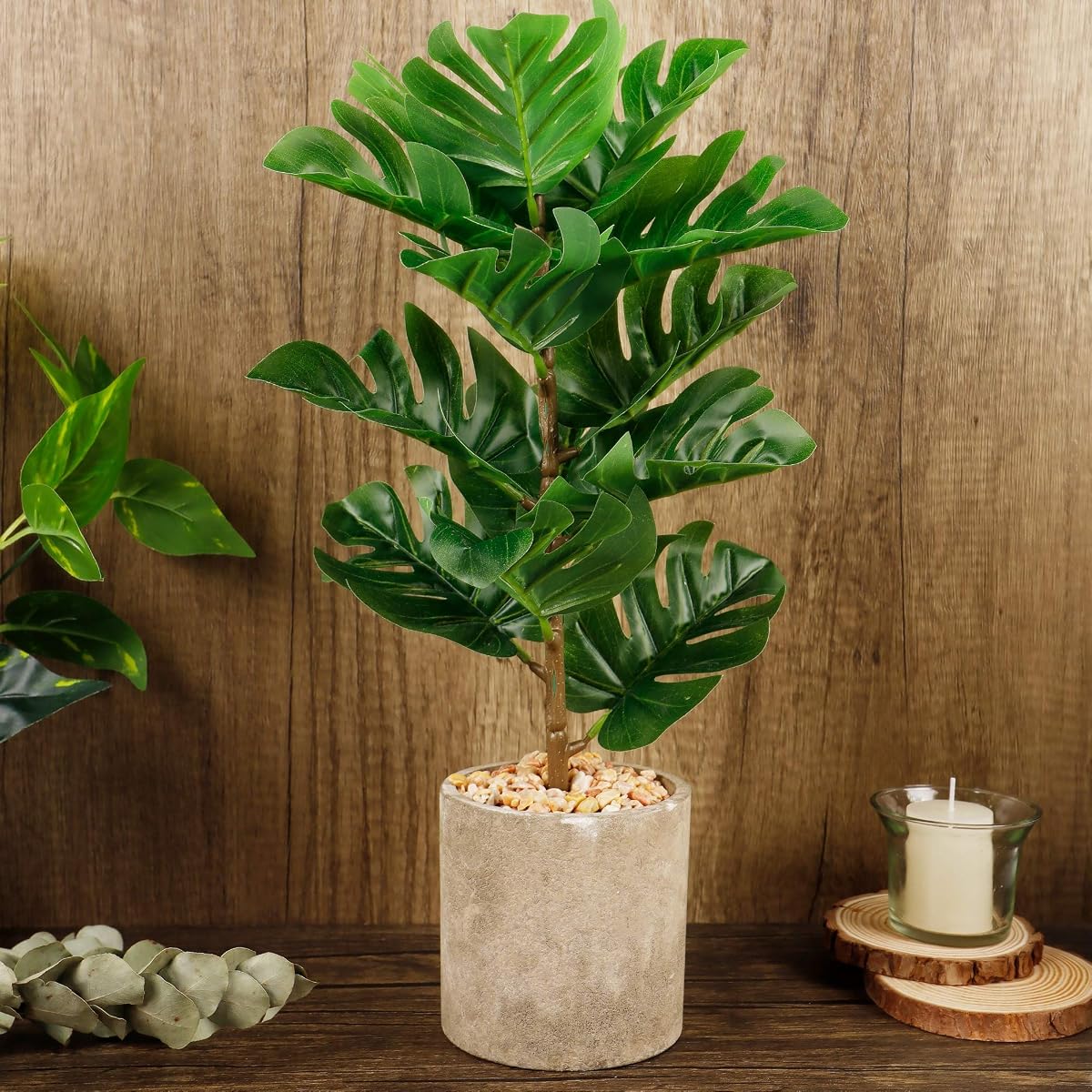 winemana 17 inches Artificial Potted Greenery Green Leaf Plants, Monstera Leaf Small Plants for Office Desk Indoor Outdoor Decoration (Emerald Green) - imagen de detalle 6