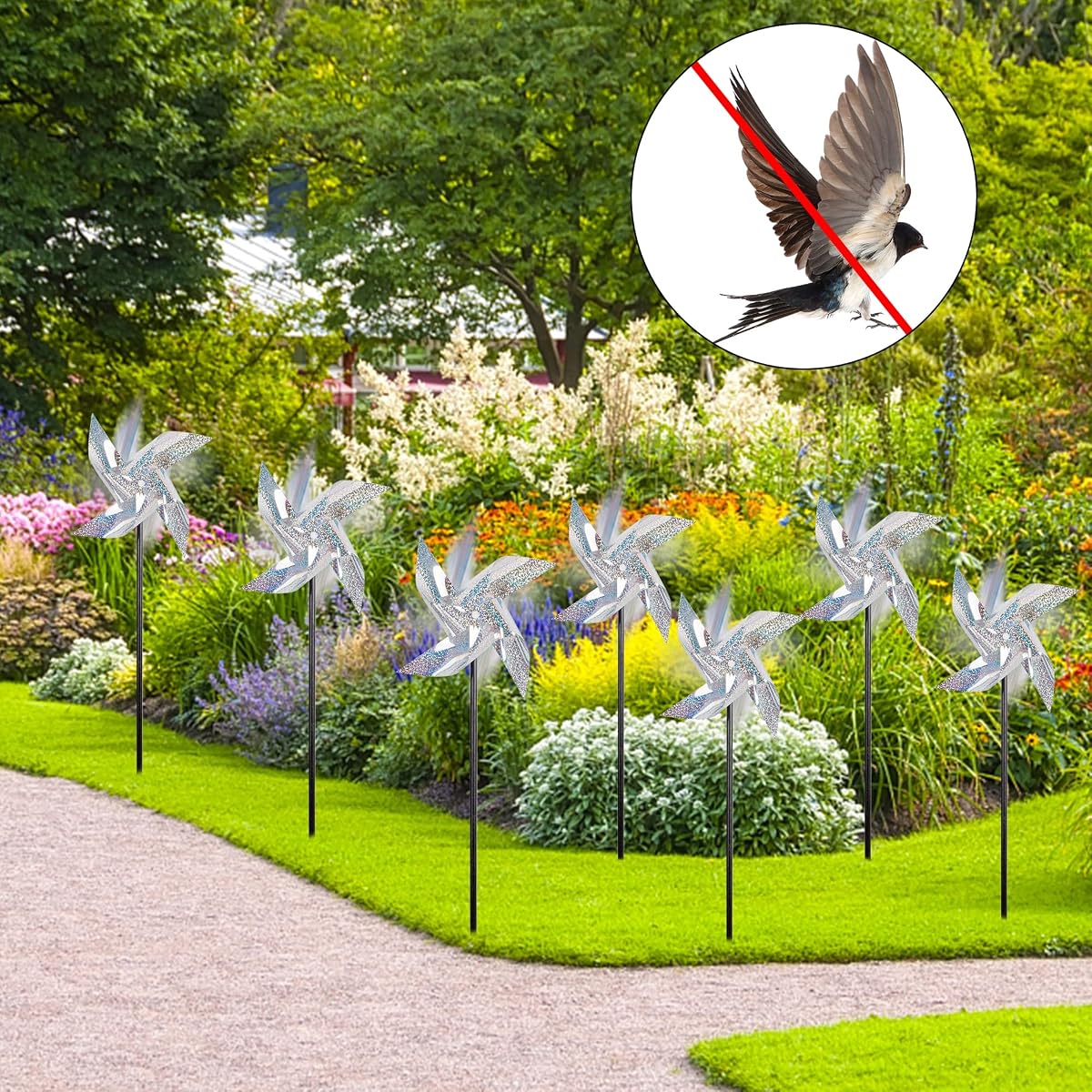 winemana 12 Pcs Reflective Pinwheels, 19 Inch Pinwheel with Stakes, Keep Birds Away Scare Bird Pinwheels for Garden Lawn Yard Backyard Farm Decor (Silvery) - detail image 3