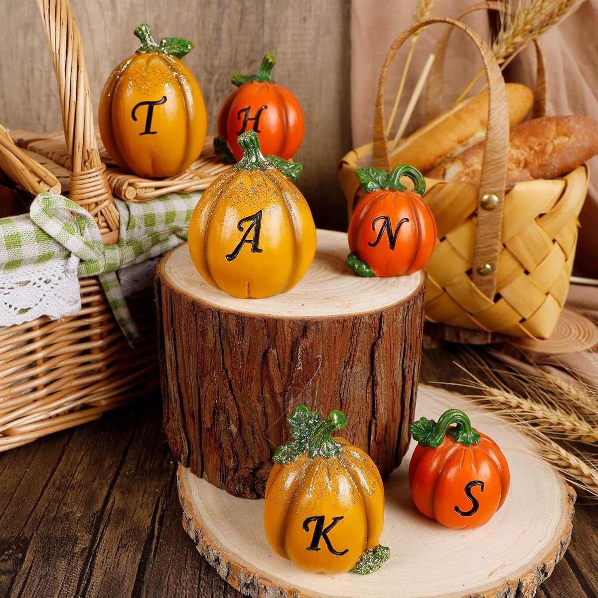 winemana Thanksgiving Pumpkins Set of 6, Fall Decor Resin Pumpkin, Thanks Tabletop Centerpieces Tiered Tray Decorations for Home Table Kitchen Office (Yellow) - 细节图 4