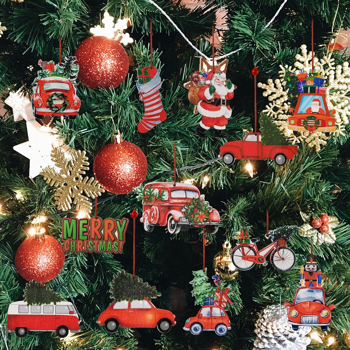 winemana Christmas Tree Ornaments Red Truck, 12 Pcs Hanging Wooden Ornament Set, Santa Claus Merry Christmas Car Vintage Crafts for Xmas Tree Garland Decorations - imagem de detalhe 2